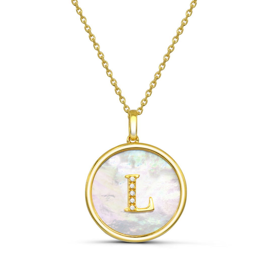 18K Yellow Gold over Sterling Silver Mother of Pearl and Diamond Accent "L" Pendant