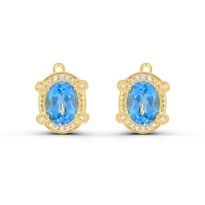 18K Yellow Gold over Sterling Silver Swiss Blue Topaz and Diamond Earrings