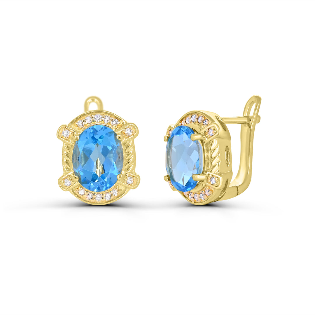18K Yellow Gold over Sterling Silver Swiss Blue Topaz and Diamond Earrings
