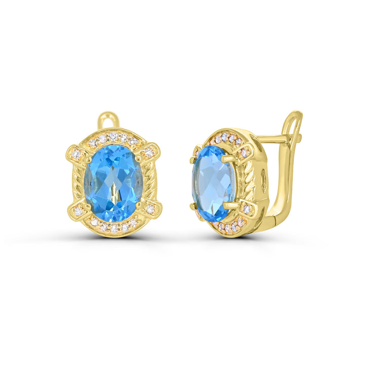18K Yellow Gold over Sterling Silver Swiss Blue Topaz and Diamond Earrings