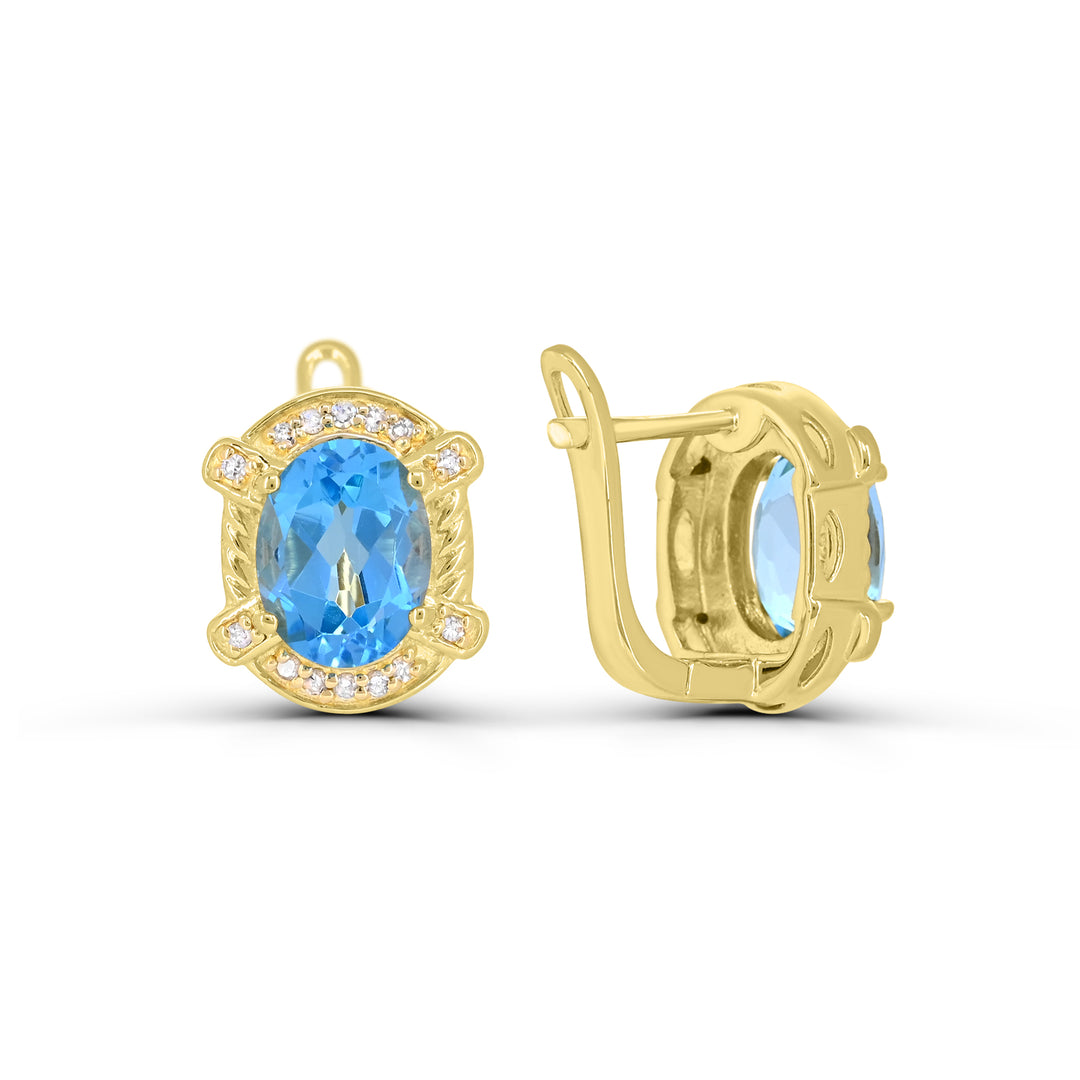 18K Yellow Gold over Sterling Silver Swiss Blue Topaz and Diamond Earrings