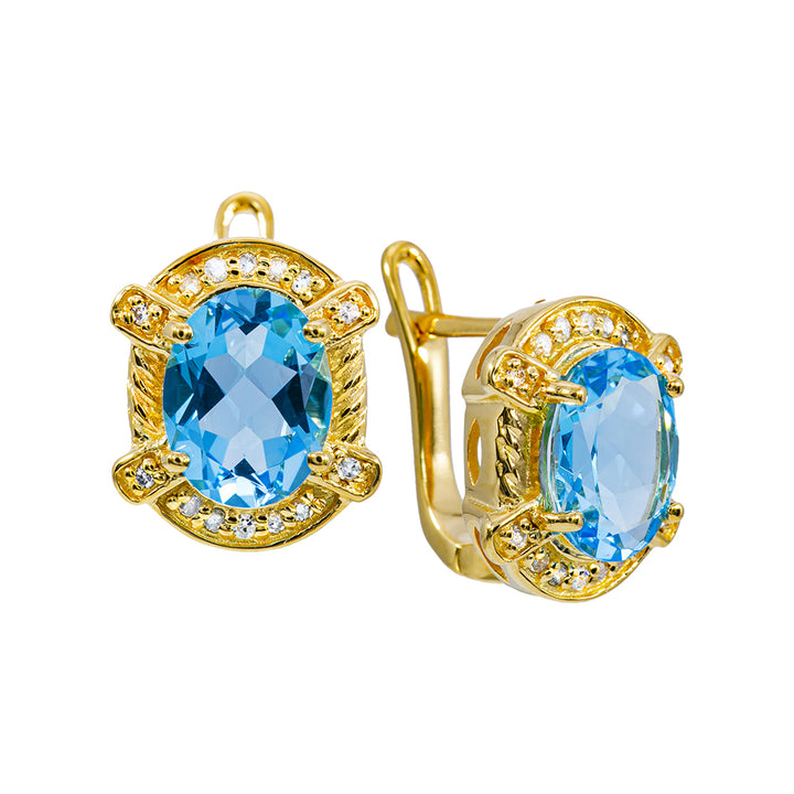 18K Yellow Gold over Sterling Silver Swiss Blue Topaz and Diamond Earrings
