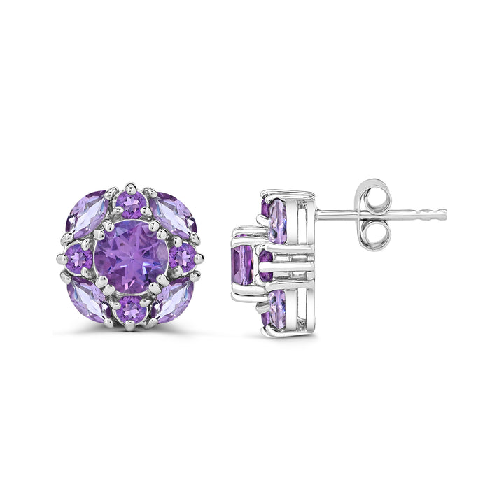 Sterling Silver Amethyst with Rose De France Cluster Stud Earrings