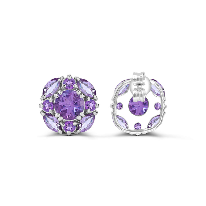 Sterling Silver Amethyst with Rose De France Cluster Stud Earrings