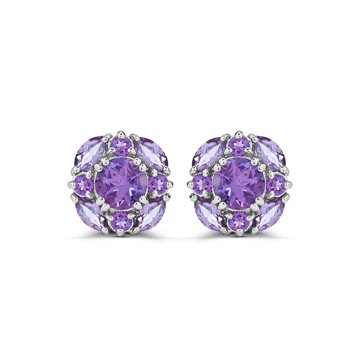 Sterling Silver Amethyst with Rose De France Cluster Stud Earrings