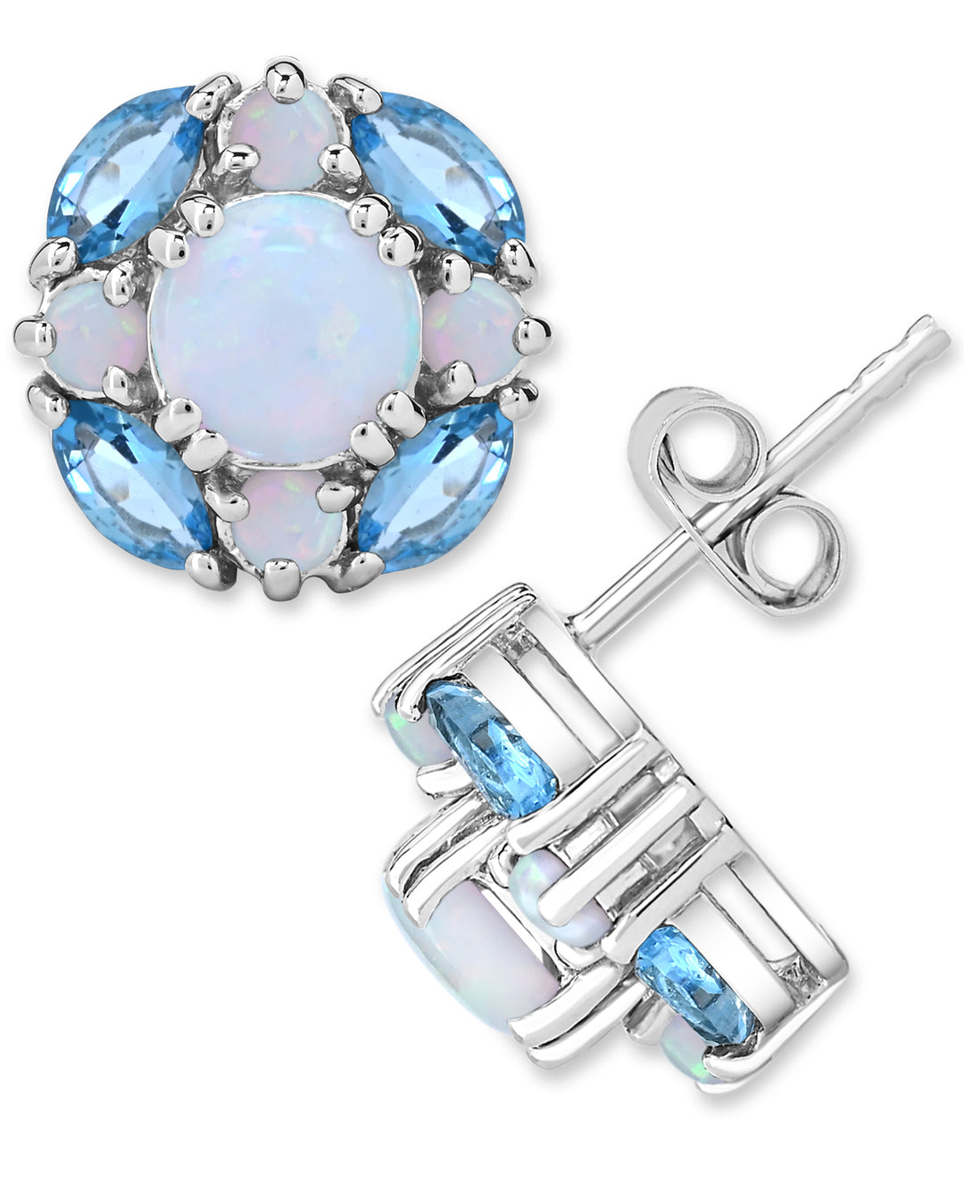 Sterling Silver Created Opal and Swiss Blue Topaz Cluster Stud Earrings