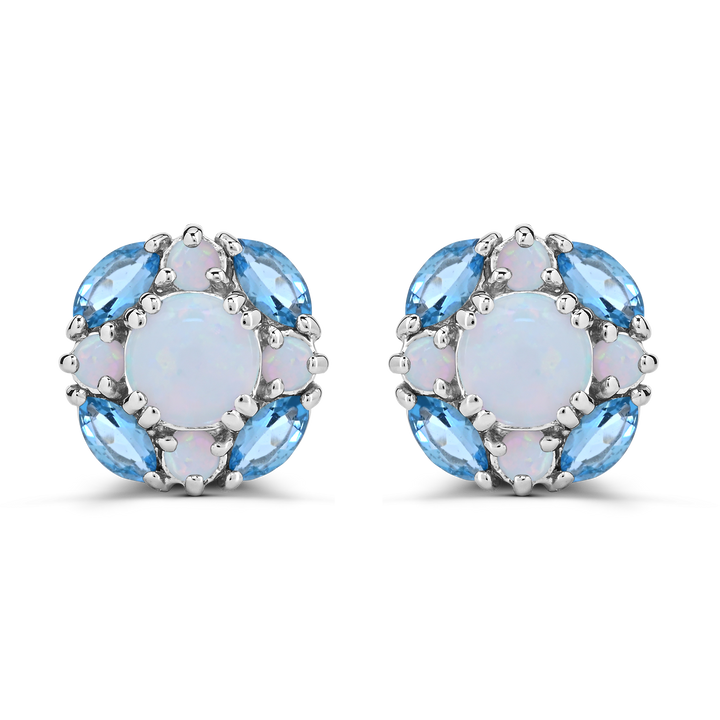 Sterling Silver Created Opal and Swiss Blue Topaz Cluster Stud Earrings