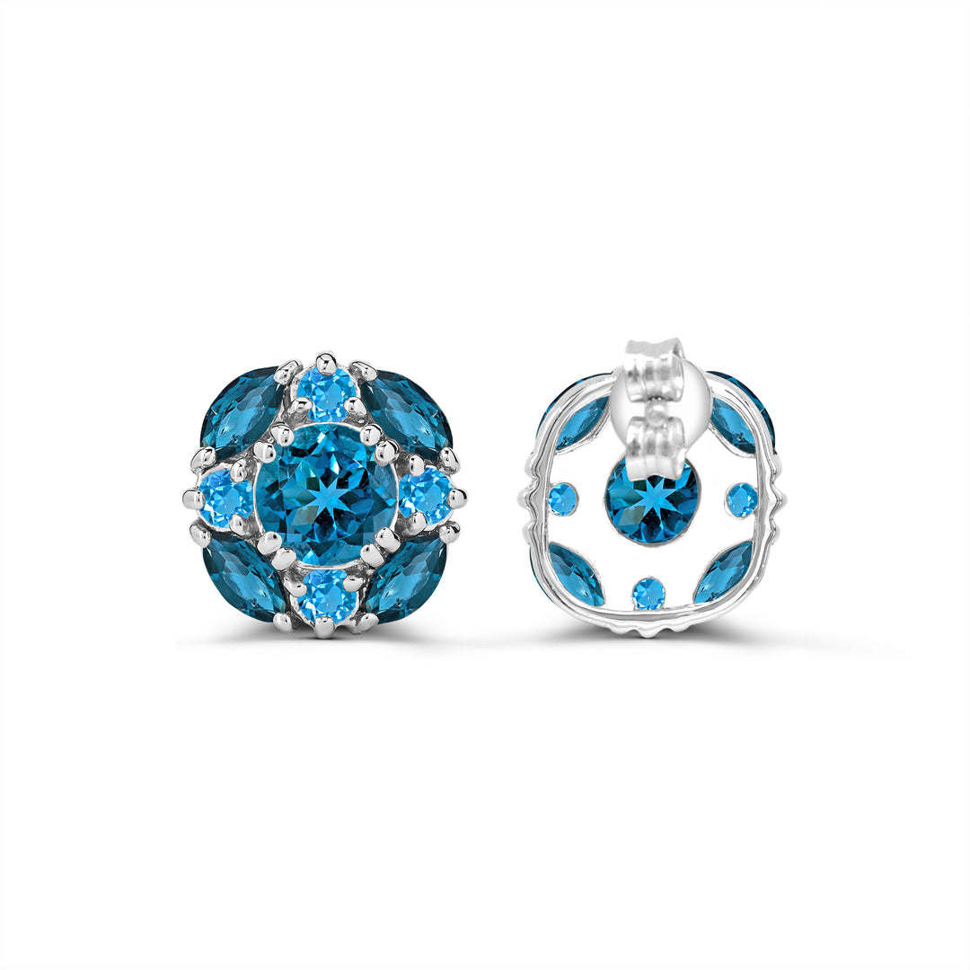 Sterling Silver London Blue and Swiss Blue Topaz Cluster Earrings
