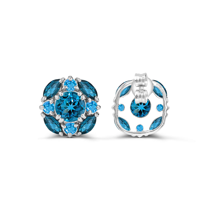 Sterling Silver London Blue and Swiss Blue Topaz Cluster Earrings
