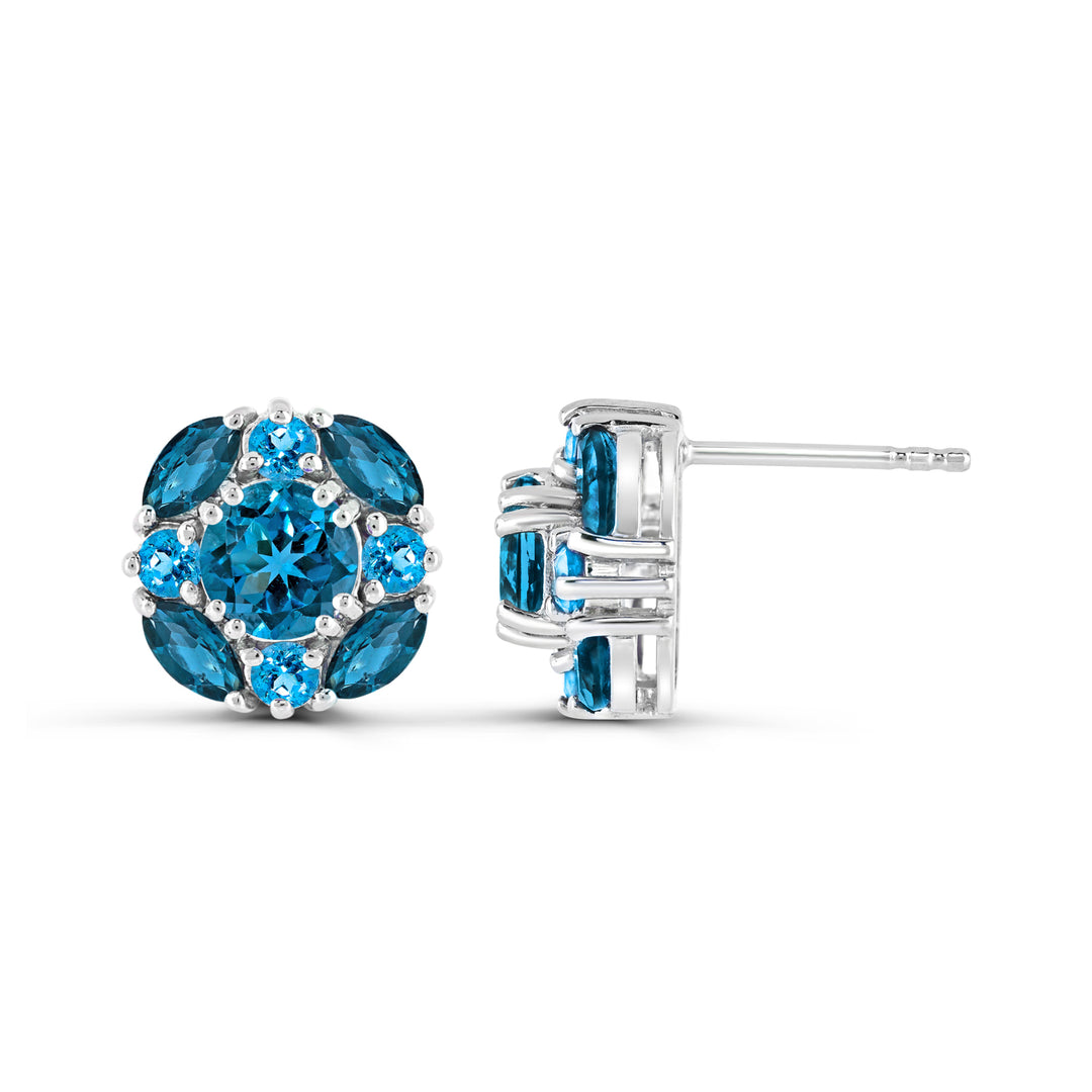 Sterling Silver London Blue and Swiss Blue Topaz Cluster Earrings
