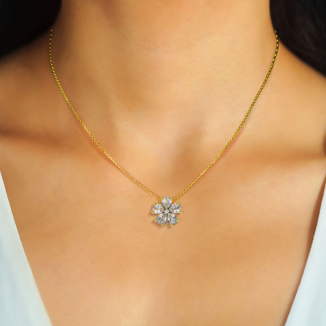 14K Yellow Gold over Sterling Silver Created White Sapphire and Diamond Flower Pendant