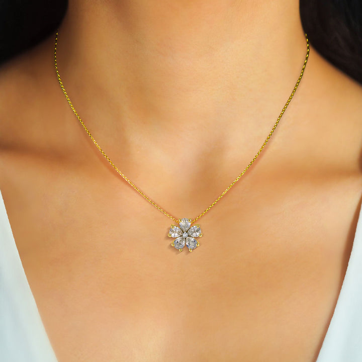 14K Yellow Gold over Sterling Silver Created White Sapphire and Diamond Flower Pendant