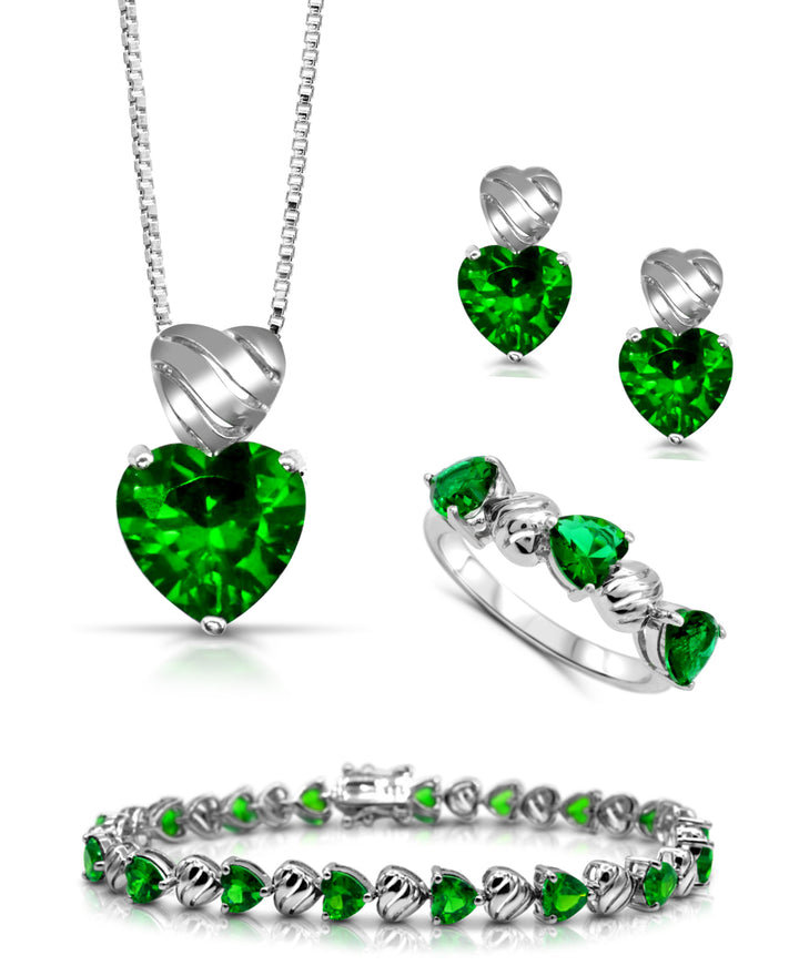 Sterling Silver Simulated Emerald Heart 4-piece Set